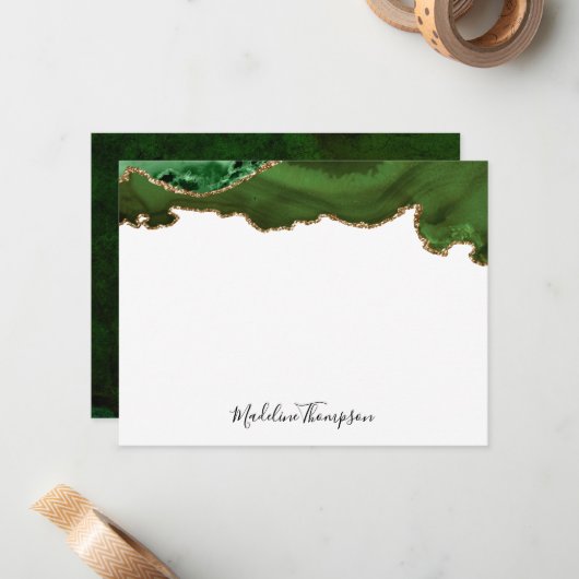 Girly Green Velvet Agate Geode Script Typografie Notitiekaartje (Voorkant / Achterkant in situ)