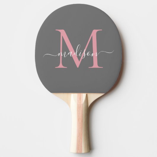 Girly Grey Blush Pink Monogram Vrouwelijk Script Tafeltennisbatje (Voorkant)