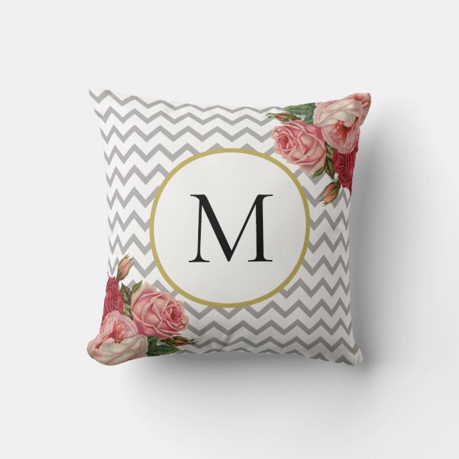 Girly Grijs Witte Chevron Vintage Bloemendruk Mono Kussen (Voorkant)