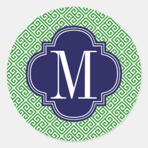 Girly Groen & Marine Grieks Sleutelpatroon Aangepa Ronde Sticker