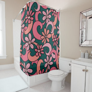 Girly Groovy Roze Koraal Groen 70s Bloemen Patroon Douchegordijn