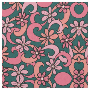Girly Groovy Roze Koraal Groen 70s Bloemen Patroon Stof