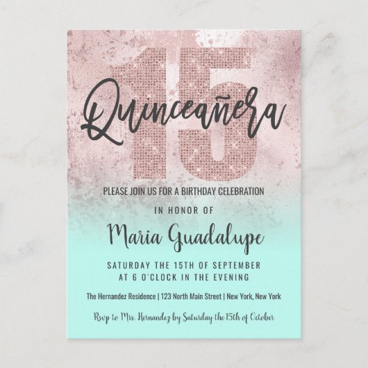 Girly Grunge Roos Gouden Munt Glitter Quinceañera Uitnodiging Briefkaart (Voorkant)