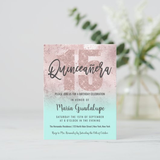 Girly Grunge Roos Gouden Munt Glitter Quinceañera Uitnodiging Briefkaart (Staand voorkant)