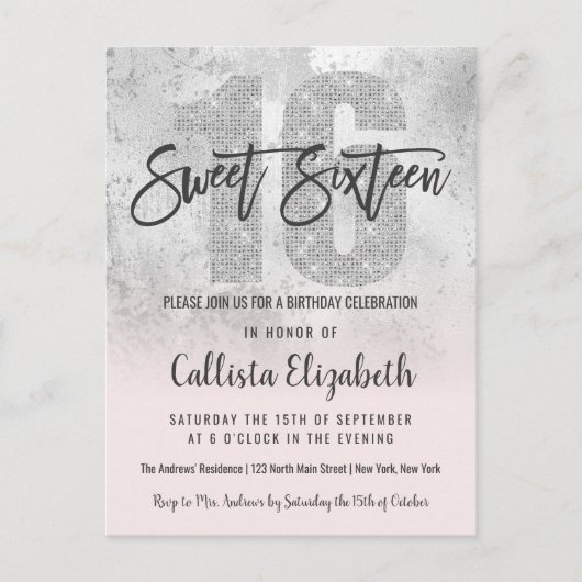 Girly Grunge Silver Pink Glitter Folie Sweet 16 Uitnodiging Briefkaart (Voorkant)