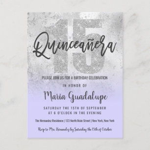 Girly Grunge Zilver Lila Glitter Folie Quinceañera Uitnodiging Briefkaart