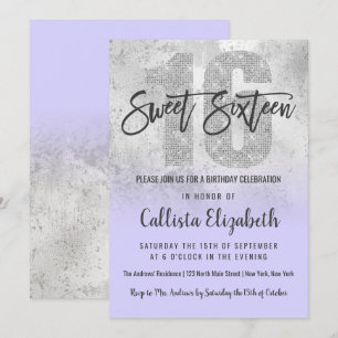 Girly Grunge Zilver Lila Glitter Folie Sweet 16 Kaart