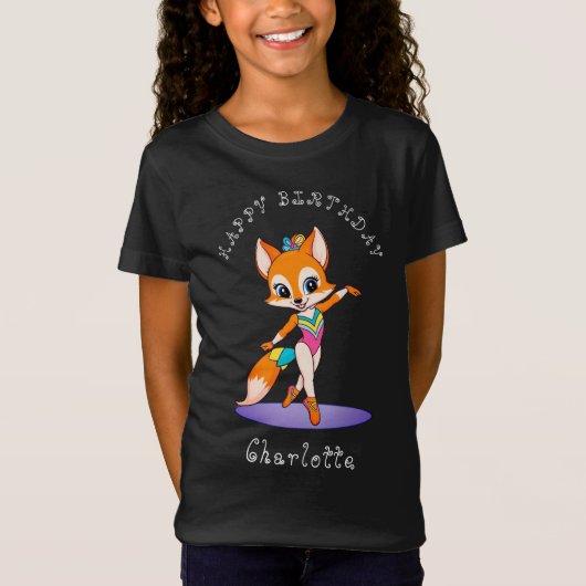 Girly Gymnastic Fox | Meisjes Verjaardag Zwart T-shirt (Voorkant)