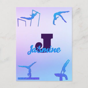 Girly Gymnastiek Blauw Paarse Monogram Gepersonali Briefkaart