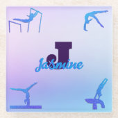 Girly Gymnastiek Blauw Paarse Monogram Gepersonali Glazen Onderzetter (Voorkant)