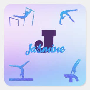Girly Gymnastiek Blauw Paarse Monogram Gepersonali Vierkante Sticker