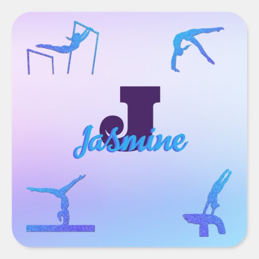 Girly Gymnastiek Blauw Paarse Monogram Gepersonali Vierkante Sticker (Voorkant)