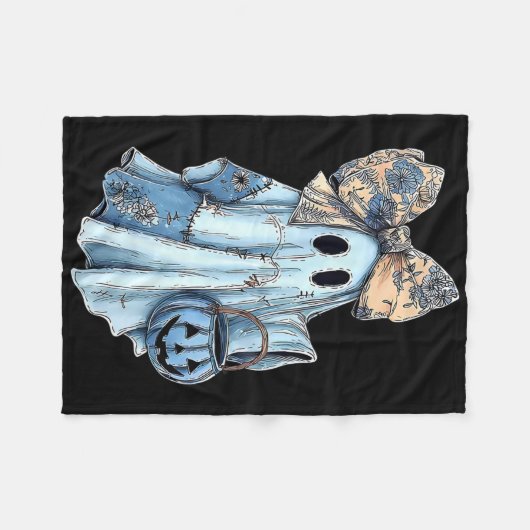 Girly Halloween Blue Denim Ghost Preppy Ghost Bow Fleece Deken (Voorkant (Horizontaal))