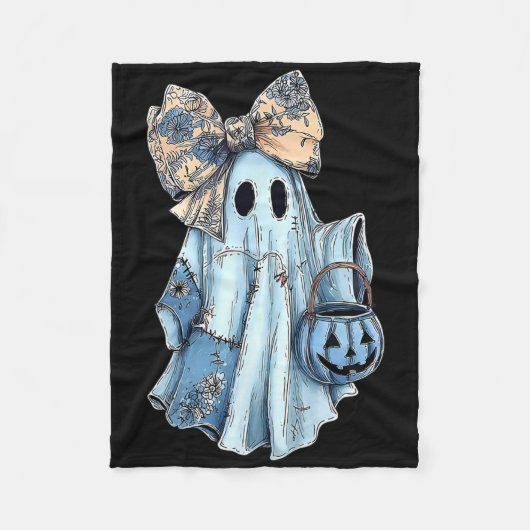Girly Halloween Blue Denim Ghost Preppy Ghost Bow Fleece Deken (Voorkant)
