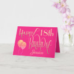 Girly Happy 18th Birthday Name  Pink Gold Kaart<br><div class="desc">Een elegant vrouwelijk gekleurd design van typografie in goud op een roze achtergrond voor een 18e verjaardag. Happy Birthday wordt geplaatst in een decoratief manuscript, en de leeftijd is in een coördinerend lettertype met naam in elegant manuscript bij de bodem. Pas de naam en het bericht in uw eigen groet...</div>