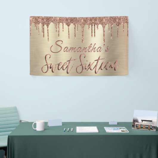 Girly Happy Birthday Sweet 16 Roos gouden glitter Spandoek (Beurs)