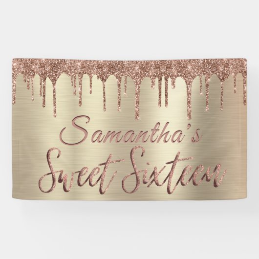 Girly Happy Birthday Sweet 16 Roos gouden glitter Spandoek (Horizontaal)