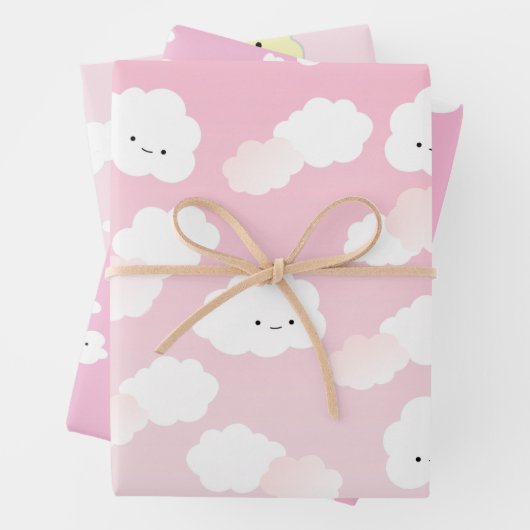 Girly Happy Little Clouds Wrapping Paper Sheet (In situ)