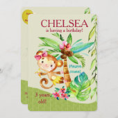 Girly Happy Monkey Birthday Invite Kaart (Voorkant / Achterkant)