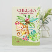 Girly Happy Monkey Birthday Invite Kaart (Staand voorkant)