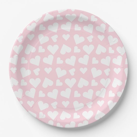 Girly Heart Pattern Pink White Papieren Bordje (Voorkant)