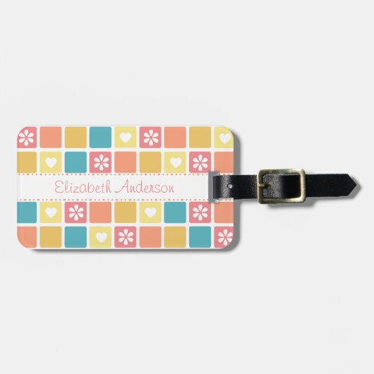 Girly Heart Square Pattern Retro Daisy Flowers Bagagelabel (Voorkant horizontaal)