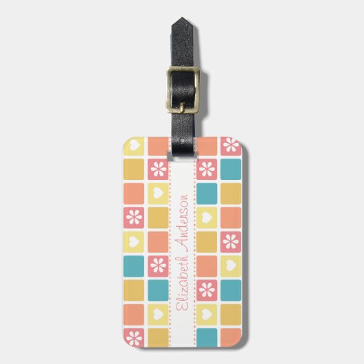 Girly Heart Square Pattern Retro Daisy Flowers Bagagelabel (Voorkant verticaal)