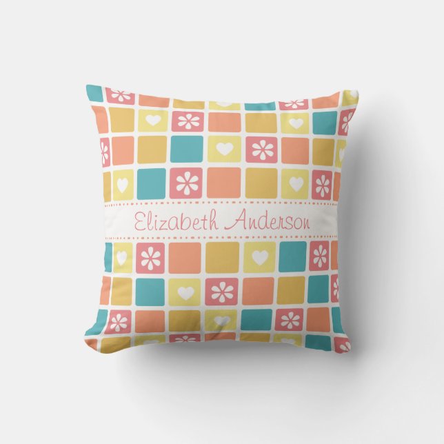 Girly Heart Square Pattern Retro Daisy Flowers Kussen (Voorkant)