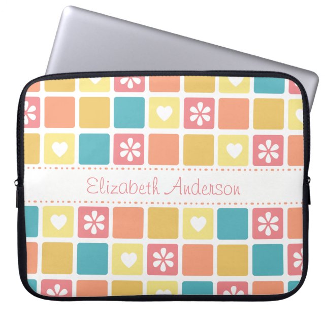 Girly Heart Square Pattern Retro Daisy Flowers Laptop Sleeve (Voorkant)