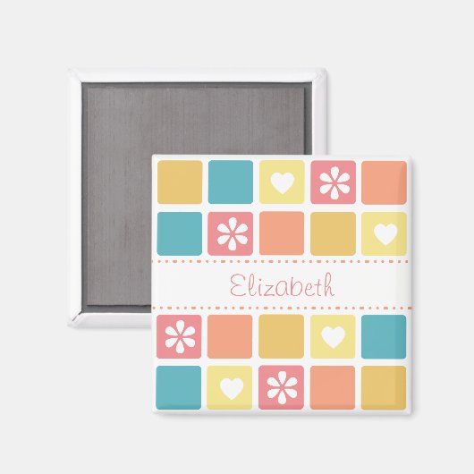Girly Heart Square Pattern Retro Daisy Flowers Magneet (Voorkant / Achterkant)