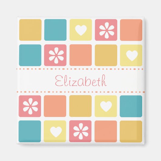 Girly Heart Square Pattern Retro Daisy Flowers Magneet (Voorkant)