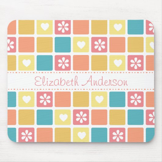 Girly Heart Square Pattern Retro Daisy Flowers Muismat (Voorkant)