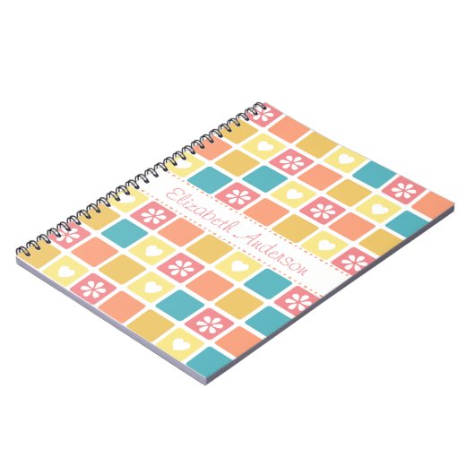 Girly Heart Square Pattern Retro Daisy Flowers Notitieboek (Linkerzijde)