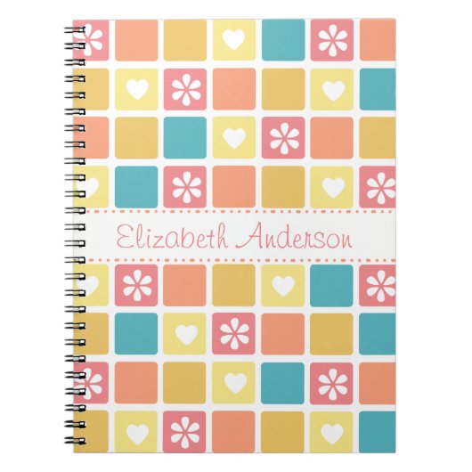 Girly Heart Square Pattern Retro Daisy Flowers Notitieboek (Voorkant)