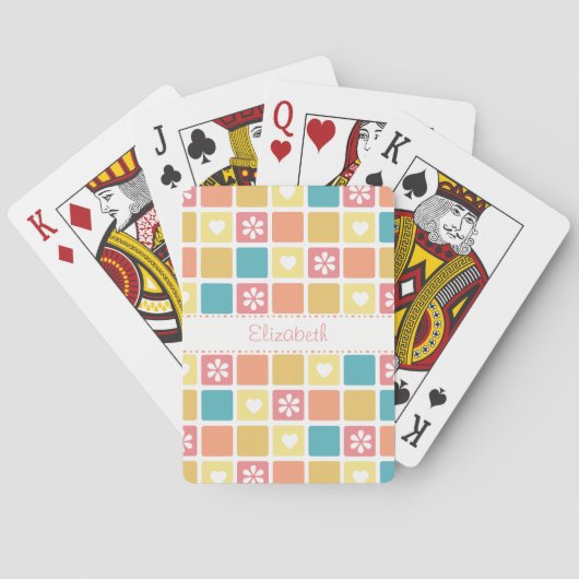 Girly Heart Square Pattern Retro Daisy Flowers Pokerkaarten (Achterkant)