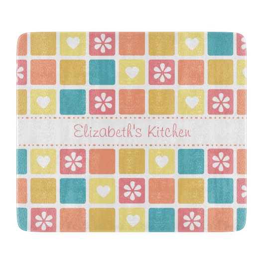 Girly Heart Square Pattern Retro Daisy Flowers Snijplank (Voorkant)