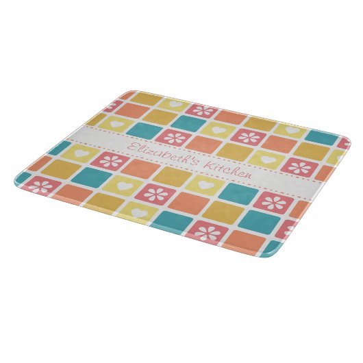 Girly Heart Square Pattern Retro Daisy Flowers Snijplank (Hoek)