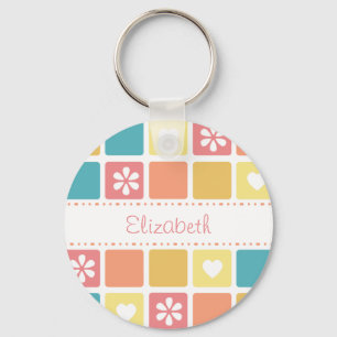 Girly Heart Squares Retro Daisy Flowers en Name Sleutelhanger