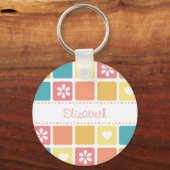 Girly Heart Squares Retro Daisy Flowers en Name Sleutelhanger (Voorkant)