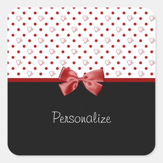 Girly Hearts en Polka Dots Met Naam Vierkante Sticker (Voorkant)