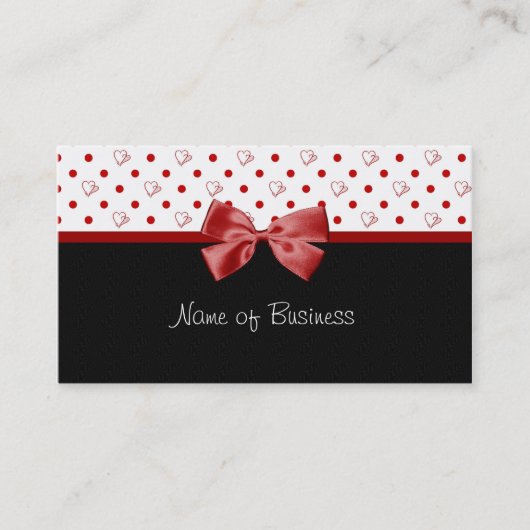 Girly Hearts en Polka Dots Red Ribbon Visitekaartje (Voorkant)