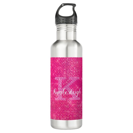 Girly Heet Roze Glam Diamant Glitter Monogram Naam Waterfles (Voorkant)