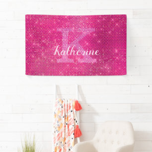 Girly Heet Roze Glitter Sparkle Monogram Naam Dorm Spandoek