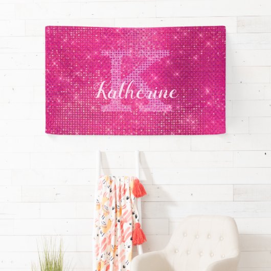 Girly Heet Roze Glitter Sparkle Monogram Naam Dorm Spandoek (Insitu)