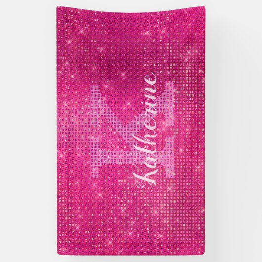 Girly Heet Roze Glitter Sparkle Monogram Naam Dorm Spandoek (Verticaal)