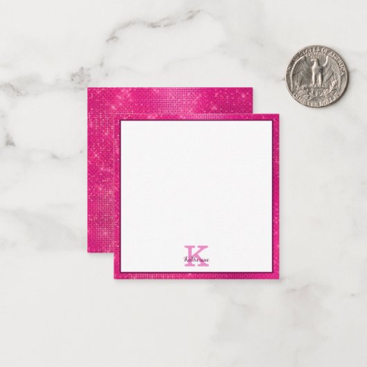 Girly Heet Roze Glitter Sparkle Monogram Naam Notitiekaartje (Voorkant / Achterkant in situ)