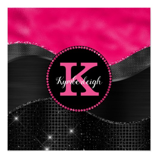 Girly Heet Roze Zwart Grijs Waves Glam Monogram Na Perfect Poster (Voorkant)