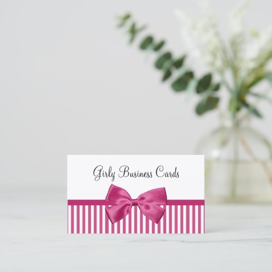 Girly Helder Roze en Witte Strepen Schattige Roze Visitekaartje (Staand voorkant)