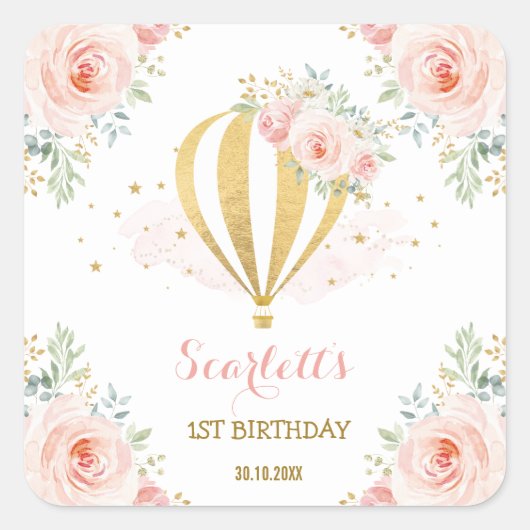 Girly Hete Luchtballon Blush Roze Bloemen Verjaard Vierkante Sticker (Voorkant)