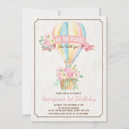 Girly Hete Luchtballon Roze Bloemen Meisje Verjaar Kaart (Voorkant)